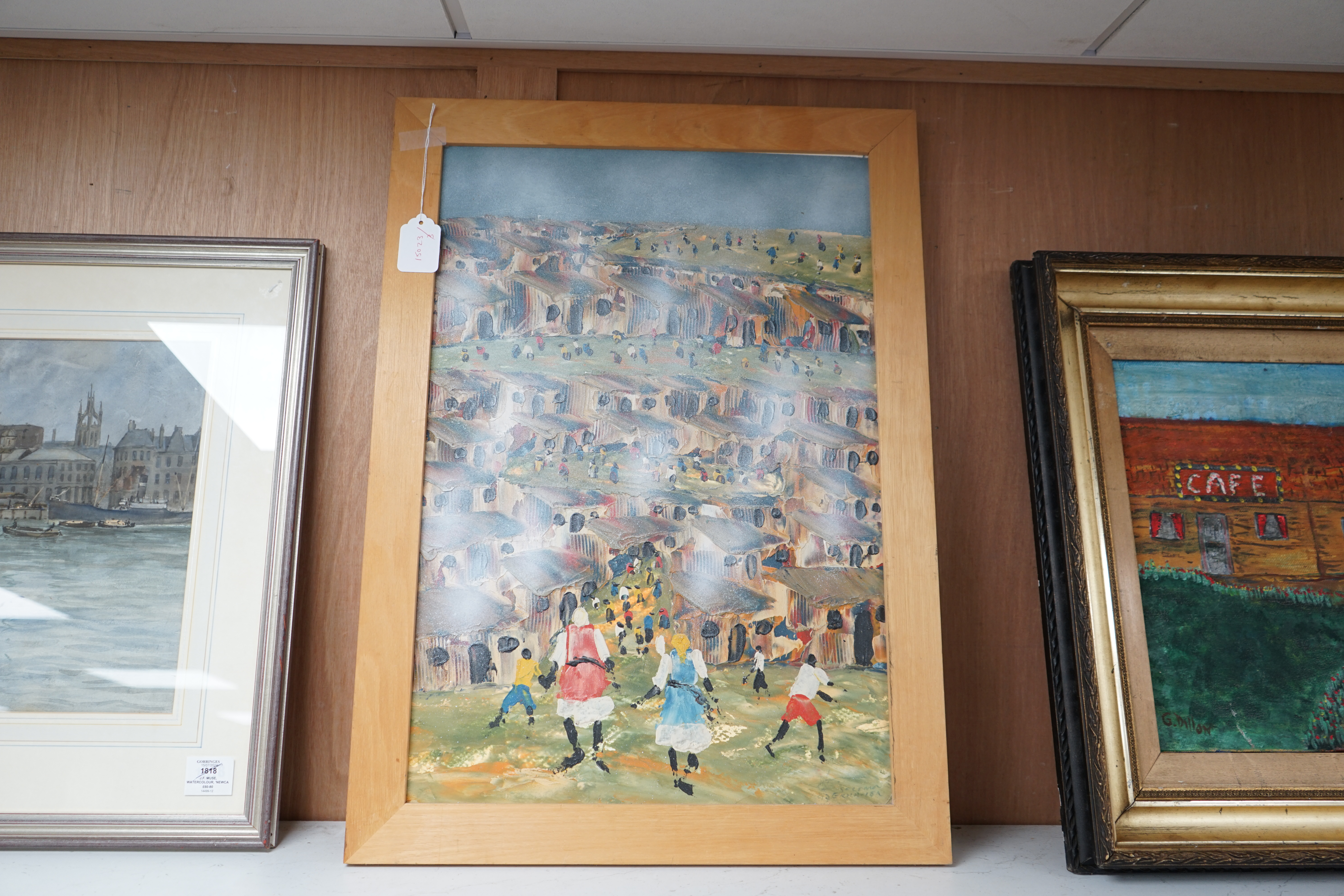 Solomon Sekhaolelo (South African, b.1937), impasto oil on board, Soweto township scene with figures, signed and dated '97, inscription verso, 59 x 40cm. Condition - good